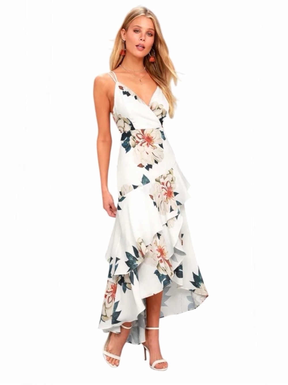 Lulus ($115) Blossom Tree White Floral Print High-Low Maxi Dress - PTP 18 W 14